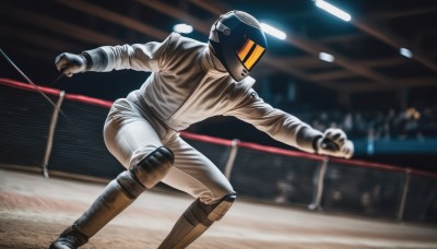 solo,gloves,1boy,male focus,blurry,helmet,science fiction,sportswear,realistic,knee pads,lights,audience,boots,clenched hands,retro artstyle,stadium,wrestling ring