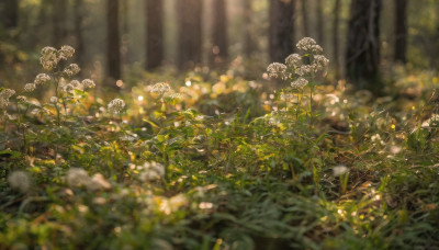 flower, outdoors, day, blurry, tree, no humans, depth of field, sunlight, grass, plant, white flower, nature, scenery, forest