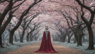 solo,1boy,standing,outdoors,day,cape,tree,petals,no humans,grass,cherry blossoms,nature,scenery,cloak,forest,red cape,path,red cloak,1girl,long hair,looking at viewer,white hair,horns,wide shot