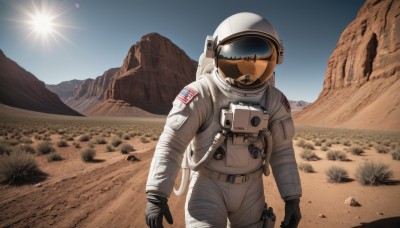 1girl,solo,gloves,standing,cowboy shot,outdoors,sky,day,black gloves,helmet,scenery,1other,science fiction,mountain,realistic,sun,ambiguous gender,american flag,spacesuit,desert,japanese flag,space helmet,astronaut,1boy,weapon,male focus,blue sky,moon,rock,sand,holster,planet,thigh holster,united states