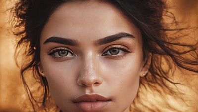 1girl,solo,long hair,looking at viewer,brown hair,black hair,brown eyes,jewelry,closed mouth,earrings,lips,eyelashes,piercing,portrait,close-up,freckles,realistic,nose,short hair,expressionless,messy hair