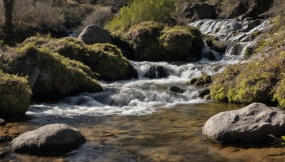 outdoors,day,water,tree,no humans,traditional media,nature,scenery,forest,rock,river,waterfall,moss,stream,signature,waves