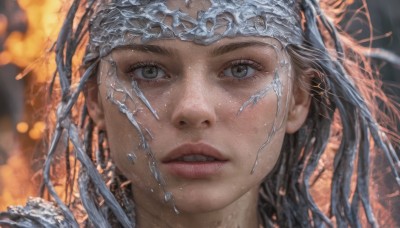 1girl,solo,looking at viewer,brown hair,black hair,brown eyes,parted lips,teeth,blurry,lips,grey eyes,depth of field,blurry background,portrait,close-up,freckles,realistic,eyelashes