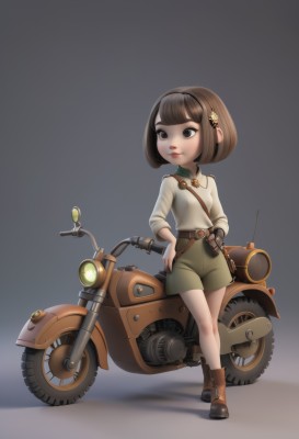 1girl,solo,short hair,bangs,simple background,brown hair,shirt,hair ornament,long sleeves,brown eyes,closed mouth,standing,full body,white shirt,flower,hairband,boots,parted lips,shorts,collared shirt,belt,hair flower,blunt bangs,grey background,bag,black eyes,lips,looking to the side,gradient background,short shorts,shadow,looking away,brown footwear,bob cut,ground vehicle,child,motor vehicle,ankle boots,brown belt,motorcycle,green shorts,smile,fingerless gloves,hand on hip,sleeves rolled up,nose