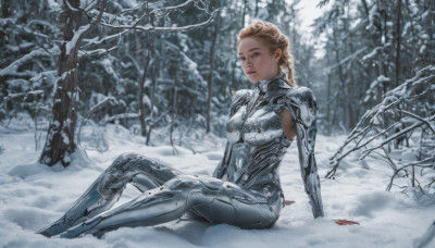 1girl, solo, long hair, breasts, looking at viewer, blue eyes, blonde hair, sitting, weapon, braid, outdoors, parted lips, armor, tree, lips, bodysuit, blood, arm support, nature, snow, forest, science fiction, realistic, winter, bare tree