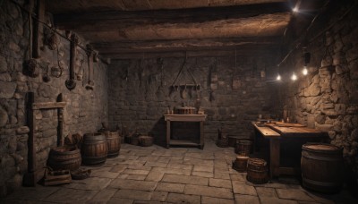 monochrome,indoors,no humans,table,scenery,lantern,fantasy,light,candle,wall,barrel,treasure chest,crate,wood,weapon,sword,cup,night,bottle,axe,brick wall,shelf,brick,hook