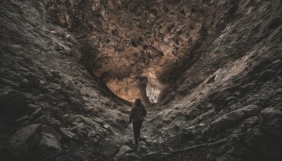 1girl,solo,long hair,1boy,standing,monochrome,outdoors,water,from behind,from above,scenery,walking,rock,ruins,wide shot,cave,long sleeves,jacket,pants,black pants,debris,rubble