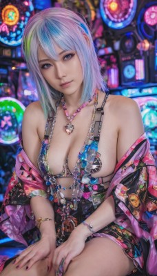 1girl,solo,breasts,looking at viewer,smile,bangs,blue eyes,hair ornament,cleavage,bare shoulders,jewelry,medium breasts,sitting,closed mouth,blue hair,jacket,white hair,multicolored hair,open clothes,medium hair,necklace,off shoulder,nail polish,blurry,bracelet,two-tone hair,lips,fingernails,gradient hair,ring,pink nails,realistic,multicolored nails,hands on own thighs,nail art,long hair,swimsuit,bikini,japanese clothes,kimono,watermark,bikini top only,web address,purple nails,open kimono