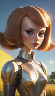 1girl,solo,breasts,looking at viewer,blush,short hair,bangs,brown hair,brown eyes,closed mouth,green eyes,upper body,small breasts,outdoors,sky,day,shiny,artist name,blue sky,lips,eyelashes,bodysuit,makeup,swept bangs,bob cut,grass,lipstick,freckles,nose,red lips,armor,tree,sunlight,realistic,flipped hair