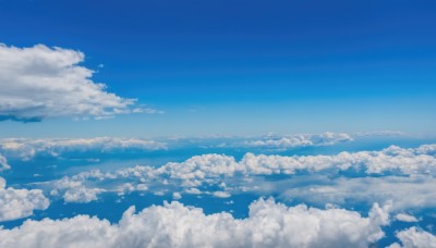 monochrome,outdoors,sky,day,cloud,blue sky,no humans,cloudy sky,scenery,blue theme,horizon,above clouds,water,ocean