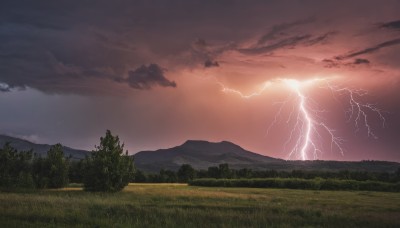 outdoors,sky,cloud,tree,no humans,cloudy sky,grass,nature,scenery,forest,sunset,mountain,sun,electricity,lightning,landscape,mountainous horizon,hill,red sky,field