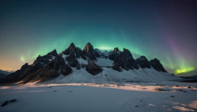 outdoors,sky,cloud,tree,no humans,night,star (sky),night sky,scenery,snow,starry sky,rock,mountain,landscape,mountainous horizon,aurora,snowing,winter,gradient sky,footprints