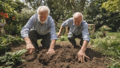 smile,shirt,white shirt,flower,white hair,male focus,outdoors,multiple boys,day,pants,2boys,vest,tree,facial hair,squatting,grass,plant,nature,beard,sleeves rolled up,forest,realistic,fence,mustache,old,dirty,old man,dirty face,dirty clothes,garden,wrinkled skin,dirty feet,short hair,blonde hair,1boy,closed eyes,collared shirt,black pants,suspenders,bald