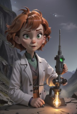 1girl,solo,looking at viewer,short hair,brown hair,shirt,long sleeves,holding,green eyes,upper body,red hair,outdoors,parted lips,sky,cloud,coat,night,thick eyebrows,freckles,lantern,rock,green shirt,labcoat,white coat,artist name,orange hair,lips,child