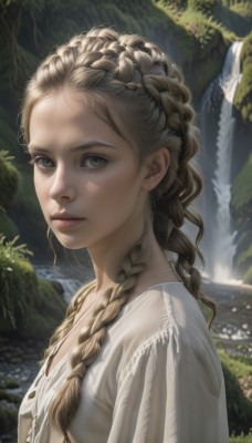 1girl,solo,long hair,looking at viewer,blonde hair,brown hair,shirt,dress,green eyes,white shirt,upper body,braid,outdoors,parted lips,day,water,necklace,blurry,twin braids,from side,tree,lips,wet,looking to the side,grey eyes,eyelashes,blurry background,nature,hair over shoulder,forehead,freckles,realistic,nose,waterfall,multiple braids,breasts,closed mouth,artist name,white dress,expressionless,sunlight,crown braid,dappled sunlight,river