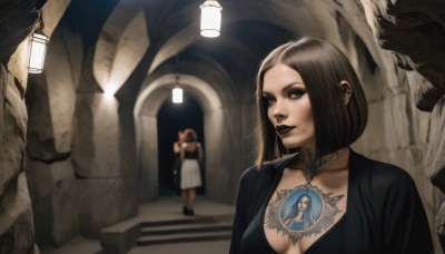 breasts,smile,short hair,multiple girls,large breasts,brown hair,black hair,dress,2girls,cleavage,jewelry,medium breasts,earrings,solo focus,choker,necklace,white dress,black eyes,black dress,lips,tattoo,makeup,piercing,bob cut,lipstick,ear piercing,stairs,chest tattoo,statue,black lips,looking at viewer,no bra,eyeshadow,eyeliner,mascara