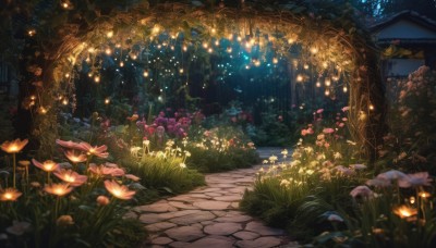 flower,outdoors,blurry,tree,no humans,window,night,depth of field,glowing,grass,plant,building,nature,scenery,forest,lantern,fantasy,door,light,road,house,path,night sky,bush,garden