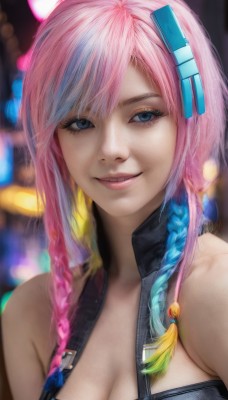 1girl,solo,long hair,breasts,looking at viewer,smile,bangs,blue eyes,hair ornament,cleavage,bare shoulders,medium breasts,blue hair,upper body,pink hair,braid,multicolored hair,parted lips,blurry,twin braids,two-tone hair,lips,eyelashes,gradient hair,makeup,blurry background,side braid,realistic,nose,large breasts,teeth,depth of field,portrait