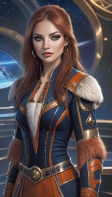 1girl,solo,long hair,breasts,looking at viewer,brown hair,cleavage,brown eyes,jewelry,medium breasts,earrings,belt,lips,fur trim,makeup,lipstick,star (sky),eyeshadow,hoop earrings,nose,red lips,eyeliner,space,planet,earth (planet),closed mouth,yellow eyes,upper body,artist name,forehead,starry sky,realistic