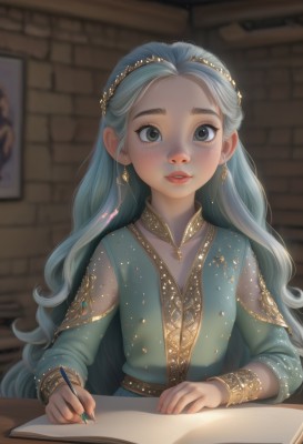 1girl,solo,long hair,looking at viewer,blush,smile,hair ornament,long sleeves,dress,holding,jewelry,sitting,very long hair,blue hair,collarbone,upper body,grey hair,earrings,parted lips,teeth,artist name,indoors,necklace,blurry,black eyes,bracelet,lips,fingernails,see-through,grey eyes,book,eyelashes,makeup,depth of field,blurry background,blue dress,wavy hair,table,gem,forehead,freckles,gold trim,circlet,open book,red lips,pen,bracer,wall,pencil,brick wall,holding pen,writing,brown eyes,hairband,aqua hair,watermark,thick eyebrows,realistic,nose