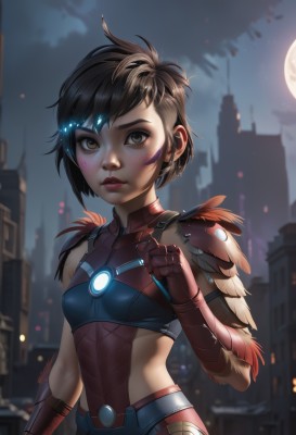 1girl,solo,breasts,looking at viewer,short hair,bangs,brown hair,black hair,gloves,brown eyes,closed mouth,upper body,small breasts,outdoors,sky,artist name,armor,blurry,lips,eyelashes,makeup,night,blurry background,glowing,moon,feathers,shoulder armor,building,clenched hand,night sky,full moon,red gloves,freckles,city,nose,very short hair,feather trim,parted lips,crop top,facial mark,facepaint,dirty,moonlight