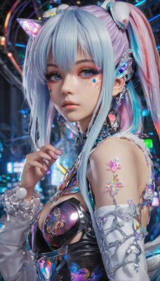 1girl,solo,long hair,breasts,looking at viewer,bangs,blue eyes,hair ornament,cleavage,bare shoulders,twintails,jewelry,medium breasts,closed mouth,blue hair,upper body,pink hair,sidelocks,multicolored hair,earrings,detached sleeves,shiny,hand up,nail polish,blurry,from side,two-tone hair,lips,streaked hair,fingernails,tattoo,makeup,blurry background,headgear,facial mark,piercing,pink nails,eyeshadow,science fiction,realistic,eyeliner,mascara,cyberpunk,long sleeves,animal ears,hair between eyes,grey hair,small breasts,artist name,necklace,two side up,grey eyes,fur trim,eyelashes,gradient hair,depth of field,fake animal ears,glowing,expressionless,gem,ear piercing,beads,pink lips,nose,shoulder tattoo,mechanical ears