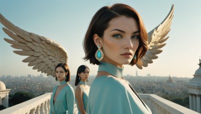 long hair,breasts,looking at viewer,short hair,blue eyes,multiple girls,brown hair,shirt,black hair,dress,brown eyes,jewelry,closed mouth,white shirt,upper body,earrings,small breasts,outdoors,wings,sky,sleeveless,choker,day,3girls,white dress,lips,blue dress,building,feathered wings,forehead,angel wings,city,white wings,railing,angel,cityscape,bangs,green eyes,blurry,aqua eyes,blue sky,makeup,expressionless,sunlight,scenery,realistic,white choker