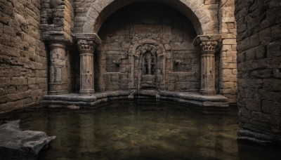 outdoors,indoors,water,dutch angle,no humans,traditional media,scenery,stairs,door,wall,ruins,pillar,arch,column,stone floor,architecture,bridge,statue