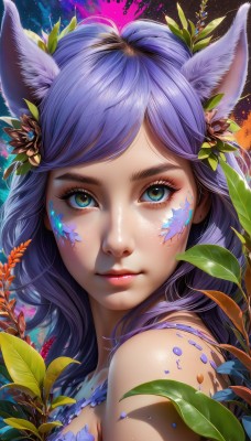 1girl,solo,long hair,looking at viewer,bangs,blue eyes,hair ornament,animal ears,bare shoulders,closed mouth,green eyes,upper body,purple hair,flower,artist name,cat ears,hair flower,lips,fox ears,eyelashes,makeup,swept bangs,leaf,facial mark,plant,lipstick,portrait,close-up,eyeshadow,freckles,pink lips,multicolored eyes,nose,facepaint,vines,colorful,mascara,paint splatter,blue hair,shiny,realistic