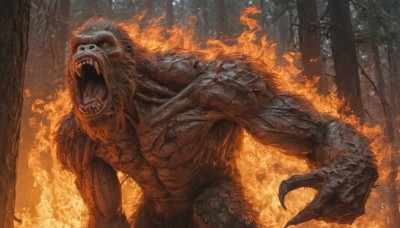 solo,open mouth,outdoors,teeth,tree,orange eyes,no humans,fangs,fire,sharp teeth,nature,claws,forest,monster,1boy,glowing,glowing eyes,bear