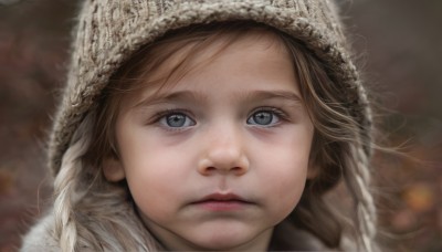 1girl,solo,long hair,looking at viewer,blue eyes,blonde hair,brown hair,hat,closed mouth,braid,blurry,lips,fur trim,eyelashes,depth of field,blurry background,expressionless,portrait,close-up,freckles,realistic,nose,fur hat,bangs,signature,hood,grey eyes