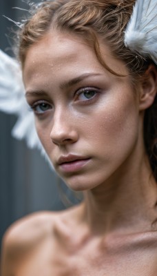 1girl,solo,long hair,looking at viewer,blonde hair,brown hair,hair ornament,bare shoulders,brown eyes,green eyes,collarbone,nude,parted lips,blurry,lips,feathers,head wings,portrait,close-up,realistic,nose,wings,eyelashes,angel