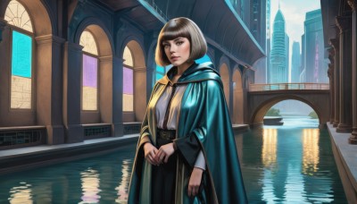 1girl,solo,looking at viewer,short hair,bangs,blue eyes,skirt,brown hair,shirt,black hair,long sleeves,jewelry,closed mouth,standing,white shirt,outdoors,day,belt,blunt bangs,water,cape,lips,bob cut,ring,building,cloak,reflection,robe,city,nose,bridge,breasts,black skirt,window,own hands together,long skirt,railing