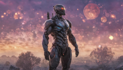 solo, 1boy, weapon, male focus, outdoors, sky, armor, tree, gun, glowing, moon, helmet, robot, full moon, science fiction, power armor, red moon