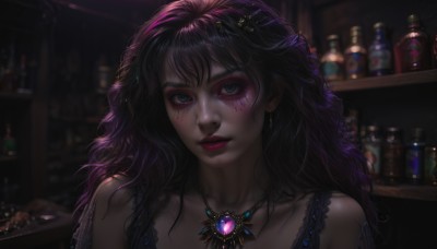 1girl,solo,long hair,looking at viewer,bangs,blue eyes,black hair,hair ornament,bare shoulders,jewelry,collarbone,upper body,purple hair,multicolored hair,hairband,earrings,parted lips,sleeveless,indoors,necklace,blurry,lips,eyelashes,makeup,depth of field,blurry background,wavy hair,facial mark,bottle,lipstick,gem,portrait,pendant,eyeshadow,realistic,nose,red lips,eyeliner,facepaint,shelf,mascara,bar (place),dress,artist name,head tilt