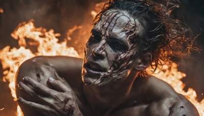 solo,looking at viewer,short hair,black hair,1boy,collarbone,monochrome,upper body,male focus,parted lips,teeth,blood,fire,portrait,smoke,injury,realistic,burning,smile,open mouth,closed eyes,nude,scar,facing viewer,scar on face,veins