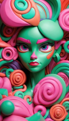 1girl,solo,long hair,looking at viewer,blue eyes,closed mouth,green eyes,upper body,pink hair,multicolored hair,green hair,artist name,mole,lips,eyelashes,makeup,colored skin,plant,lipstick,portrait,eyeshadow,curly hair,multicolored eyes,green skin,pink skin,mascara,plant girl,two-tone hair