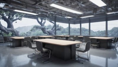 outdoors,sky,day,indoors,tree,no humans,window,shadow,chair,table,scenery,mountain,book,sunlight,desk,reflection,classroom,school desk,monitor,school chair