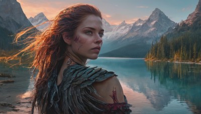 1girl,solo,long hair,blue eyes,brown hair,jewelry,closed mouth,upper body,red hair,outdoors,sky,looking back,water,from behind,tree,lips,blood,tattoo,facial mark,feathers,wind,nature,scenery,forest,reflection,sunset,mountain,realistic,nose,fantasy,facepaint,looking afar,river,landscape,mountainous horizon,lake,looking at viewer,green eyes,cloud,orange hair,bird