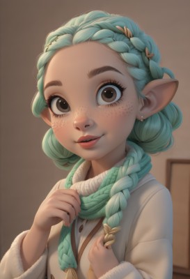 1girl,solo,long hair,looking at viewer,smile,hair ornament,long sleeves,brown eyes,jewelry,upper body,braid,earrings,parted lips,green hair,pointy ears,indoors,scarf,twin braids,lips,coat,fur trim,eyelashes,aqua hair,hair over shoulder,freckles,nose,winter clothes,multiple braids,teeth,artist name,blurry,blurry background,watermark,thick eyebrows,forehead,green scarf,deviantart username