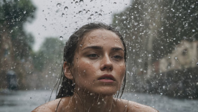 1girl, solo, long hair, black hair, outdoors, parted lips, blurry, black eyes, lips, wet, blurry background, portrait, rain, realistic