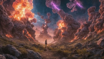 solo,black hair,1boy,standing,male focus,outdoors,sky,pants,cloud,from behind,night,grass,fire,star (sky),night sky,scenery,smoke,starry sky,sunset,rock,fantasy,explosion,wide shot,molten rock,signature,tree,shooting star