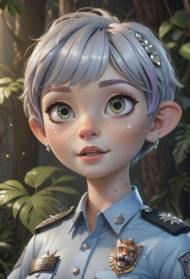 1girl,solo,looking at viewer,smile,short hair,bangs,shirt,hair ornament,jewelry,green eyes,yellow eyes,upper body,grey hair,earrings,outdoors,parted lips,teeth,collared shirt,artist name,mole,blurry,uniform,tree,lips,eyelashes,makeup,blurry background,leaf,thick eyebrows,blue shirt,plant,portrait,nature,forest,freckles,epaulettes,badge,police,police uniform,tiger,brown eyes,military,military uniform,animal,pocket,realistic,name tag,breast pocket,policewoman