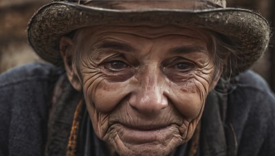 solo,looking at viewer,1boy,hat,closed mouth,grey hair,male focus,teeth,blurry,black eyes,blurry background,facial hair,portrait,realistic,brown headwear,old,old man,cowboy hat,smile,signature,close-up,manly,wrinkled skin