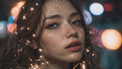 1girl,solo,long hair,looking at viewer,brown hair,brown eyes,parted lips,teeth,blurry,black eyes,lips,eyelashes,depth of field,blurry background,portrait,close-up,freckles,realistic,nose,bokeh,black hair,jewelry,earrings,sparkle,night,lens flare