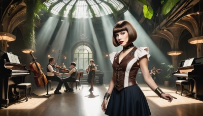 1girl,breasts,looking at viewer,short hair,bangs,multiple girls,skirt,brown hair,shirt,black hair,dress,2girls,cleavage,brown eyes,jewelry,medium breasts,sitting,standing,short sleeves,multiple boys,choker,indoors,2boys,blunt bangs,necklace,vest,bracelet,lips,blue skirt,window,makeup,leaf,chair,sunlight,bob cut,3boys,plant,lipstick,instrument,light rays,nose,music,red lips,sunbeam,playing instrument,violin,drum,piano,chandelier,drum set,grand piano,formal,table,4boys,sheet music,bow (music)