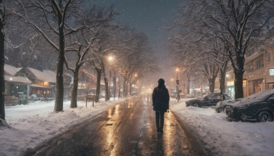 1girl, outdoors, sky, tree, dutch angle, night, ground vehicle, building, night sky, scenery, motor vehicle, snow, walking, snowing, city, sign, car, road, winter, lamppost, bare tree, street, footprints, vanishing point