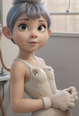 1girl,solo,breasts,looking at viewer,smile,short hair,gloves,dress,bare shoulders,brown eyes,jewelry,upper body,grey hair,earrings,small breasts,parted lips,sleeveless,indoors,hair bun,blurry,covered nipples,lips,fur trim,depth of field,blurry background,single hair bun,freckles,bangs,teeth,white gloves,thick eyebrows,own hands together,tank top,bug,realistic,bathroom,sink