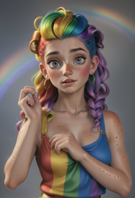 1girl,solo,long hair,breasts,looking at viewer,blush,open mouth,blue eyes,blonde hair,simple background,shirt,cleavage,bare shoulders,jewelry,medium breasts,blue hair,collarbone,upper body,pink hair,purple hair,braid,multicolored hair,earrings,small breasts,parted lips,green hair,teeth,sleeveless,midriff,artist name,grey background,nail polish,two-tone hair,lips,crop top,fingernails,grey eyes,hands up,eyelashes,sleeveless shirt,makeup,tank top,lipstick,multicolored clothes,eyeshadow,personification,freckles,curly hair,hoop earrings,realistic,nose,red lips,rainbow,mascara,rainbow order,rainbow gradient,multicolored shirt,body freckles,rainbow hair,multicolored stripes,green eyes,twin braids,gradient hair,thick eyebrows,overalls