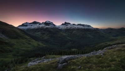 outdoors,sky,tree,no humans,night,grass,star (sky),nature,night sky,scenery,forest,starry sky,sunset,rock,mountain,landscape,mountainous horizon,gradient sky,cloud,river